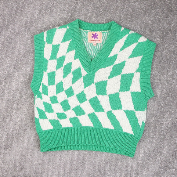 Lisa Says Gah Sweaters - Womens Lisa Says Gah! XS/Small Green White Checkered Sleeveless Sweater Vest
